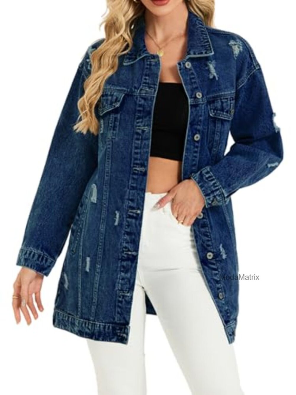Oversized Distressed Denim Midi Jacket Loose Fit Button Down Trench